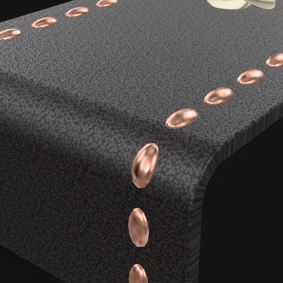 The waterfall fold in black leather, the thread stud run curving over it